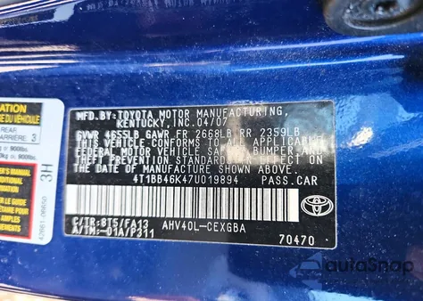 2007 Toyota Camry Hybrid Base z USA, uszkodzony, nr VIN 4T1BB46K47U019894